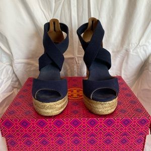 Tory Burch Navy Blue Peep Toe Cork Wedge Sandals